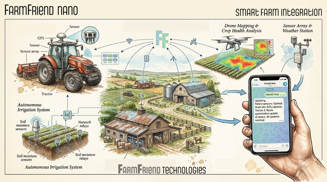 Illustrated FarmFriend Nano system diagram showing sensors, farm equipment, drone mapping, weather stations, irrigation automation, and mobile operator control.